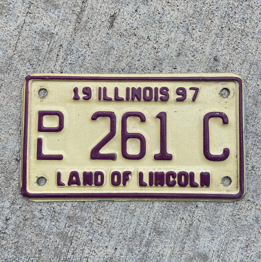 Photo of a 1997 Illinois Motorcycle Dealer License Plate Auto Tag Garage Decor Vintage 261 C with original patina
