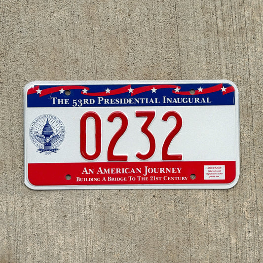 Photo of a 1997 Washington DC Inaugural License Plate Auto Tag 1 Vintage Garage Clinton Inauguration Politics Political 0232 with original patina