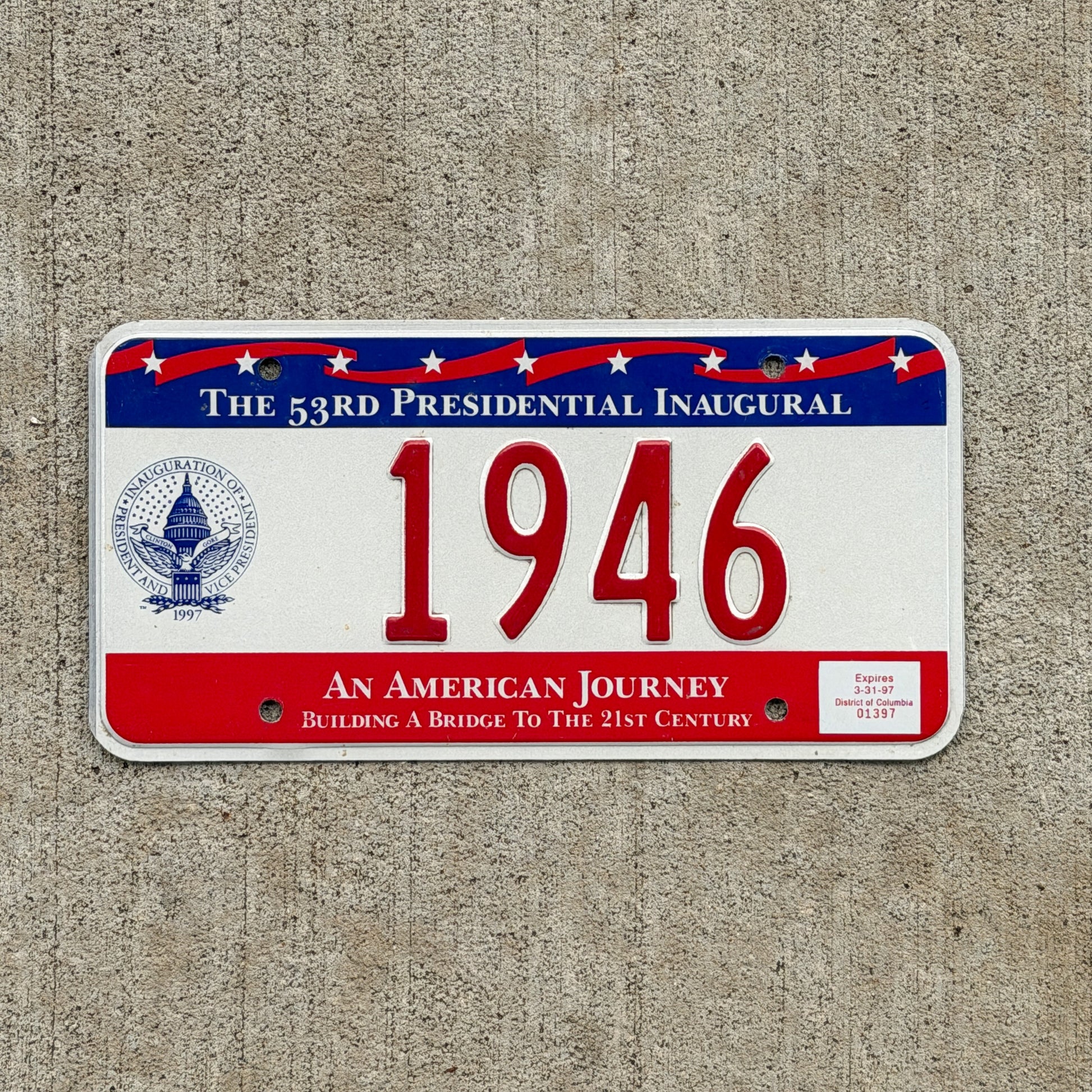 Photo of a 1997 Washington DC Inaugural License Plate Auto Tag 1 Vintage Garage Clinton Inauguration Politics Political 1946 with original patina