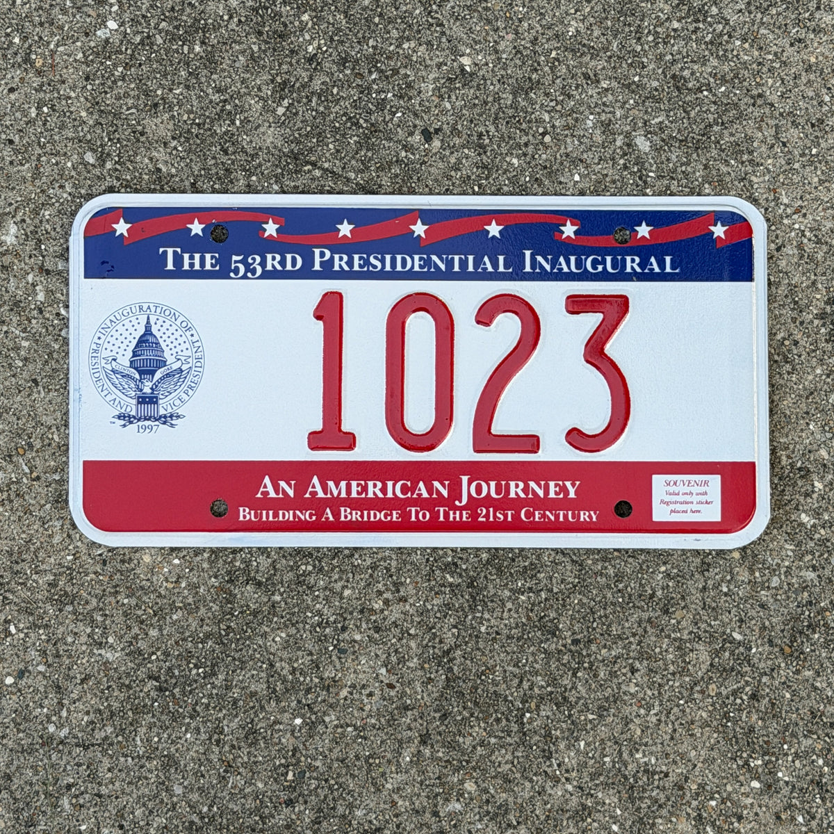 Photo of a 1997 Washington DC Inaugural License Plate Auto Tag Garage Decor Vintage Clinton Inauguration Politics Political 1023 with original patina