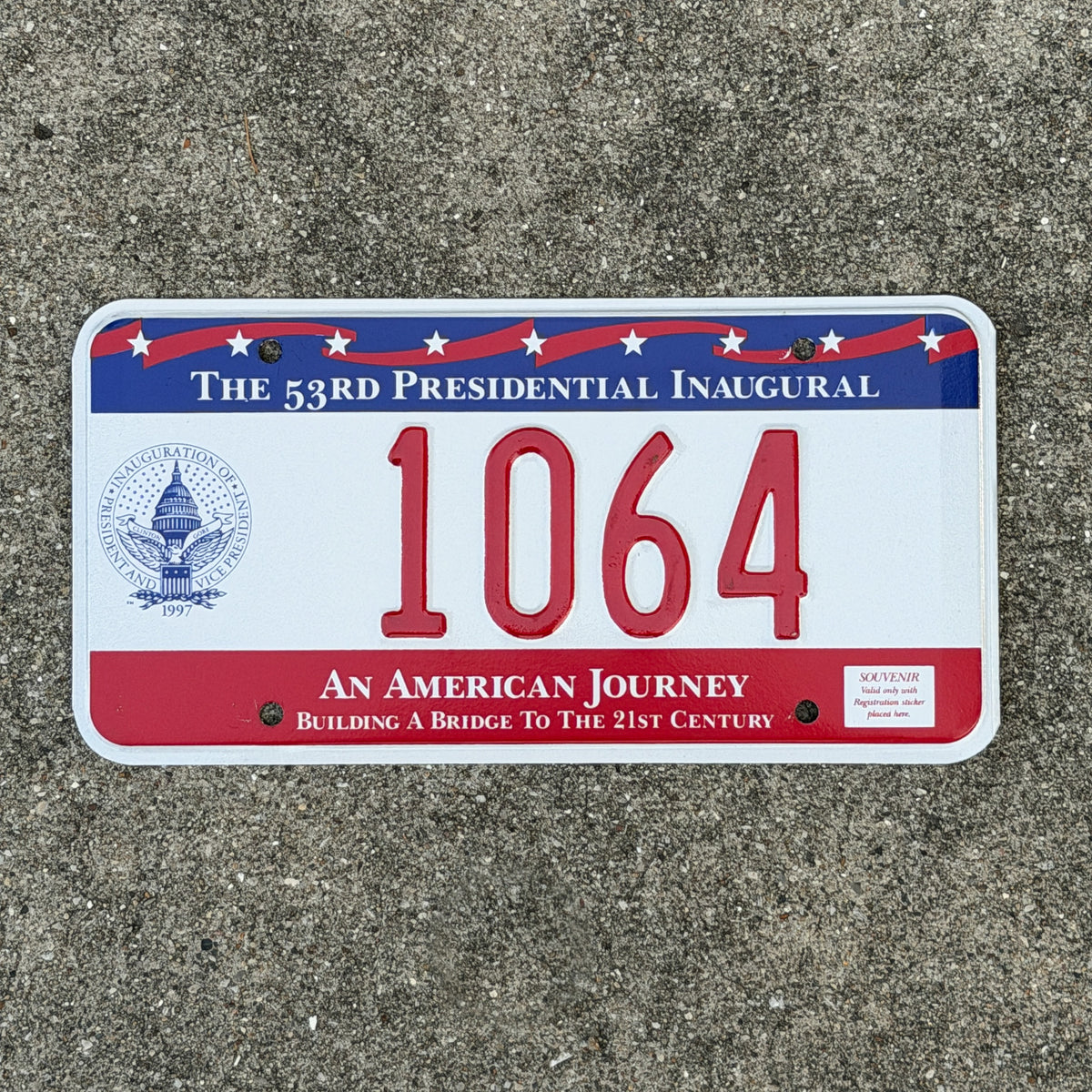 Photo of a 1997 Washington DC Inaugural License Plate Auto Tag Garage Decor Vintage Clinton Inauguration Politics Political 1064 with original patina