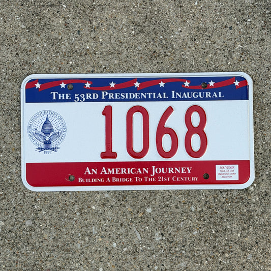 Photo of a 1997 Washington DC Inaugural License Plate Auto Tag Garage Decor Vintage Clinton Inauguration Politics Political 1068 with original patina