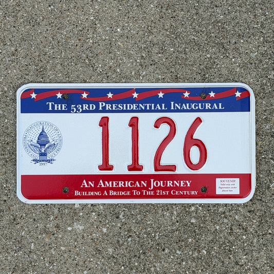 Photo of a 1997 Washington DC Inaugural License Plate Auto Tag Garage Decor Vintage Clinton Inauguration Politics Political 1126 with original patina