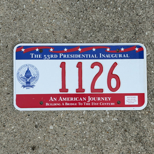 Photo of a 1997 Washington DC Inaugural License Plate Auto Tag Garage Decor Vintage Clinton Inauguration Politics Political 1126 with original patina