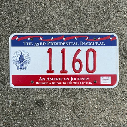 Photo of a 1997 Washington DC Inaugural License Plate Auto Tag Garage Decor Vintage Clinton Inauguration Politics Political 1160 with original patina