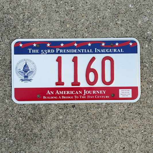 Photo of a 1997 Washington DC Inaugural License Plate Auto Tag Garage Decor Vintage Clinton Inauguration Politics Political 1160 with original patina