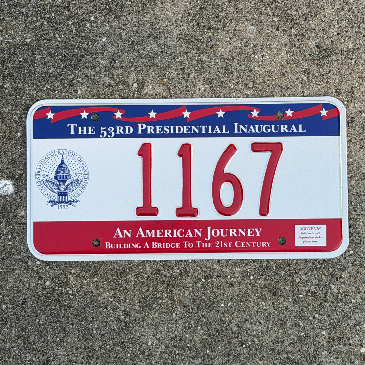 Photo of a 1997 Washington DC Inaugural License Plate Auto Tag Garage Decor Vintage Clinton Inauguration Politics Political 1167 with original patina