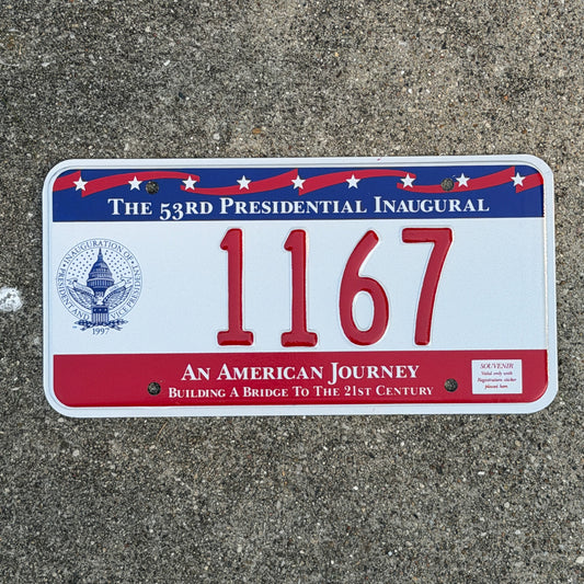 Photo of a 1997 Washington DC Inaugural License Plate Auto Tag Garage Decor Vintage Clinton Inauguration Politics Political 1167 with original patina
