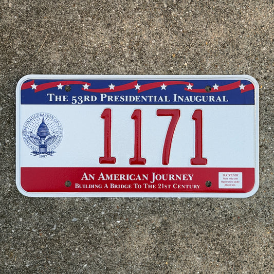 Photo of a 1997 Washington DC Inaugural License Plate Auto Tag Garage Decor Vintage Clinton Inauguration Politics Political 1171 with original patina