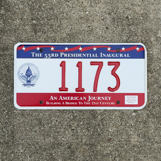 Photo of a 1997 Washington DC Inaugural License Plate Auto Tag Garage Decor Vintage Clinton Inauguration Politics Political 1173 with original patina