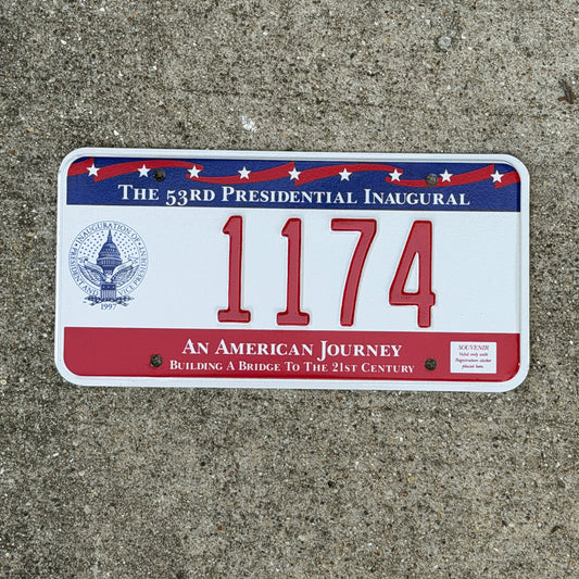 Photo of a 1997 Washington DC Inaugural License Plate Auto Tag Garage Decor Vintage Clinton Inauguration Politics Political 1174 with original patina