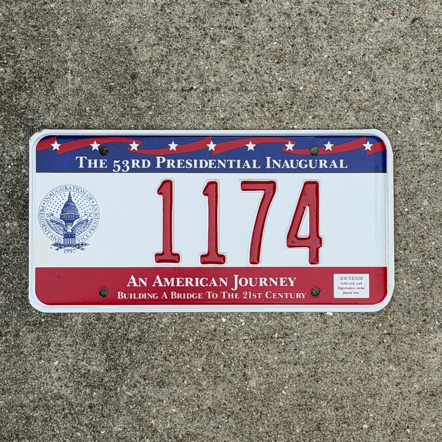 Photo of a 1997 Washington DC Inaugural License Plate Auto Tag Garage Decor Vintage Clinton Inauguration Politics Political 1174 with original patina