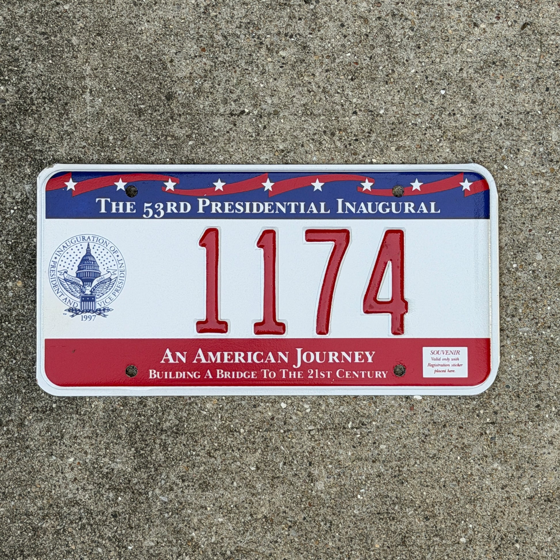 Photo of a 1997 Washington DC Inaugural License Plate Auto Tag Garage Decor Vintage Clinton Inauguration Politics Political 1174 with original patina