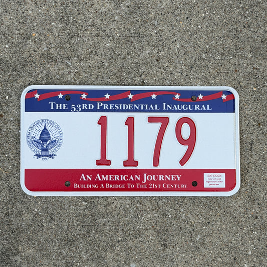 Photo of a 1997 Washington DC Inaugural License Plate Auto Tag Garage Decor Vintage Clinton Inauguration Politics Political 1179 with original patina