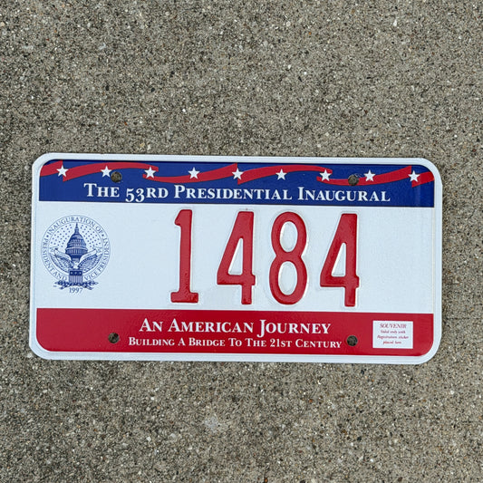 Photo of a 1997 Washington DC Inaugural License Plate Auto Tag Garage Decor Vintage Clinton Inauguration Politics Political 1484 with original patina