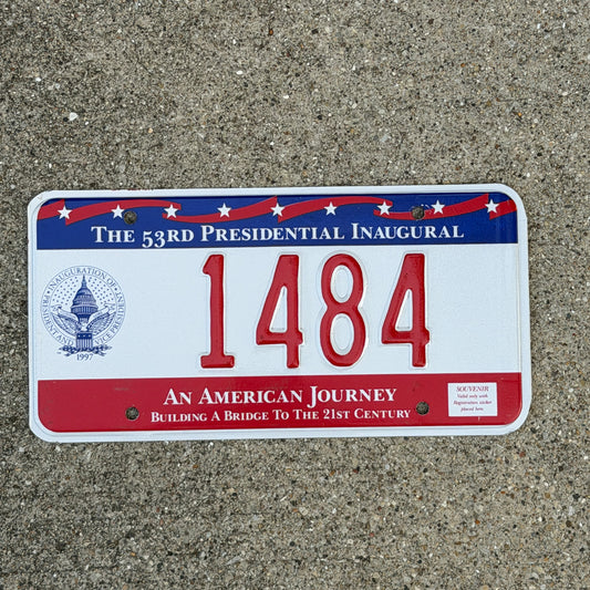 Photo of a 1997 Washington DC Inaugural License Plate Auto Tag Garage Decor Vintage Clinton Inauguration Politics Political 1484 with original patina