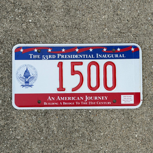 Photo of a 1997 Washington DC Inaugural License Plate Auto Tag Garage Decor Vintage Clinton Inauguration Politics Political 1500 with original patina
