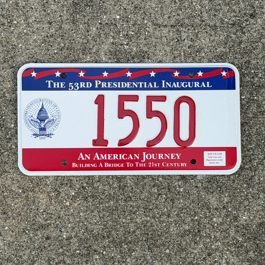 Photo of a 1997 Washington DC Inaugural License Plate Auto Tag Garage Decor Vintage Clinton Inauguration Politics Political 1550 with original patina