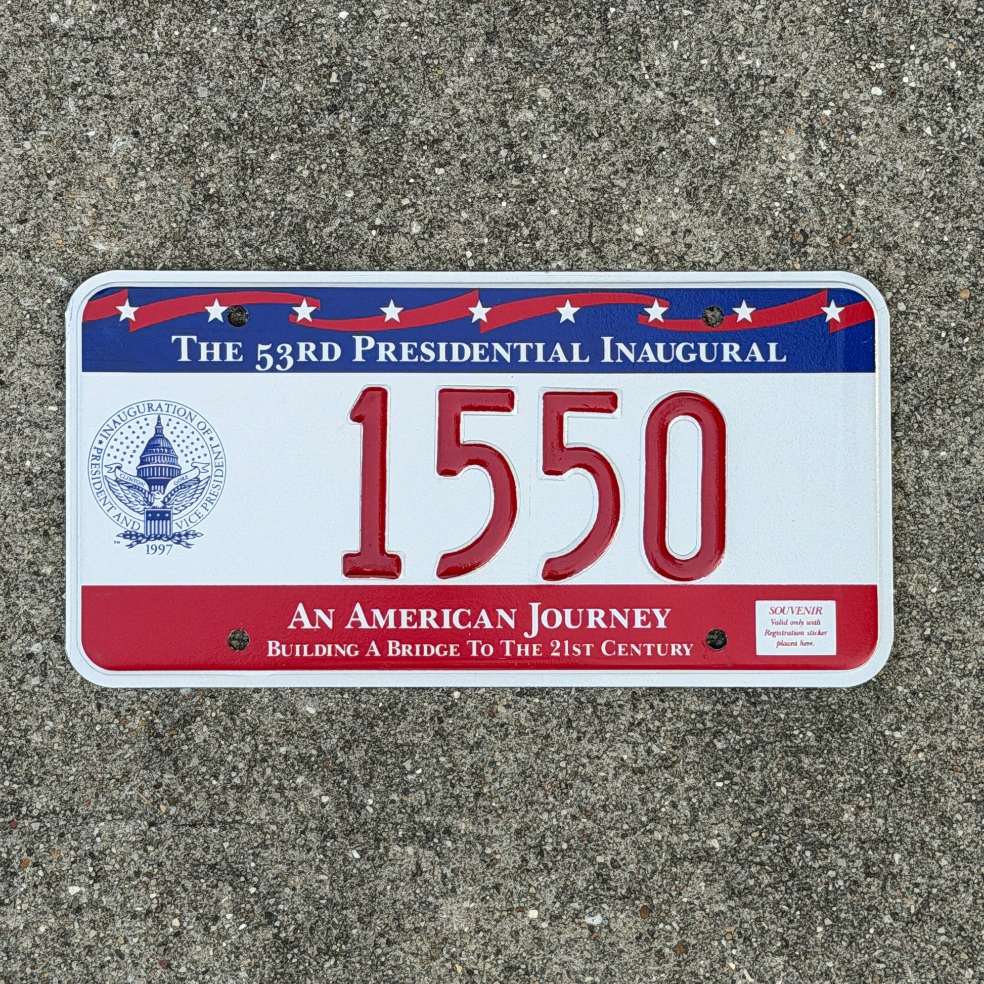 Photo of a 1997 Washington DC Inaugural License Plate Auto Tag Garage Decor Vintage Clinton Inauguration Politics Political 1550 with original patina