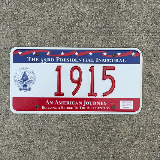 Photo of a 1997 Washington DC Inaugural License Plate Auto Tag Garage Decor Vintage Clinton Inauguration Politics Political 1915 with original patina