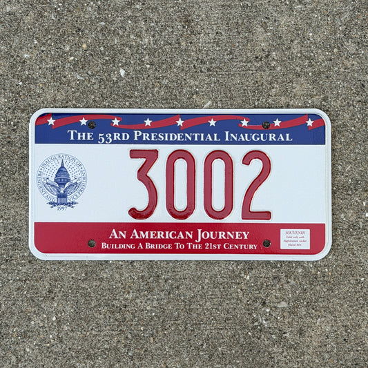 Photo of a 1997 Washington DC Inaugural License Plate Auto Tag Garage Decor Vintage Clinton Inauguration Politics Political 3002 with original patina
