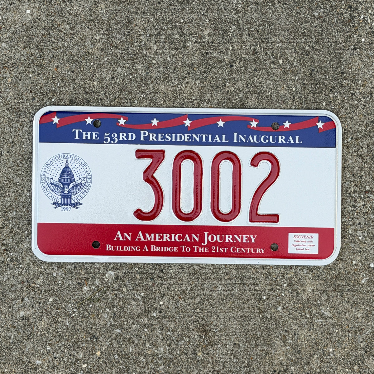 Photo of a 1997 Washington DC Inaugural License Plate Auto Tag Garage Decor Vintage Clinton Inauguration Politics Political 3002 with original patina
