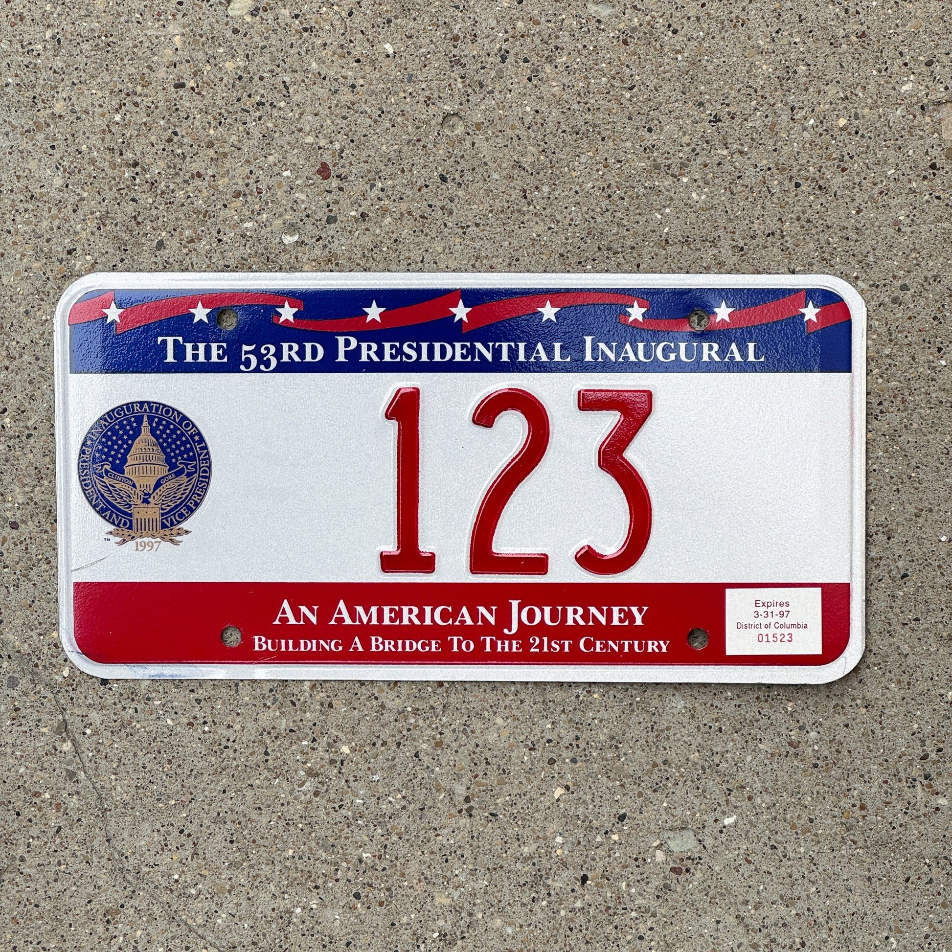 Photo of a 1997 Washington DC Inaugural License Plate Auto Tag Garage Decor Vintage Clinton Politics Political Low Number Three Digit Nice Number 123 with original patina