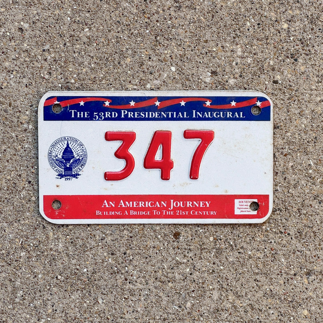 Photo of a 1997 Washington DC Inaugural Motorcycle License Plate Auto Tag Garage Decor Vintage Low Number Three Digit Inaugural 347 with original patina