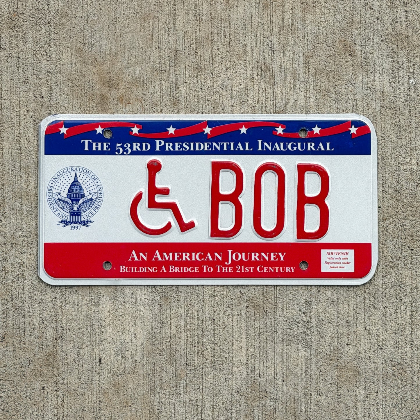 Photo of a 1997 Washington DC Inaugural Vanity License Plate Auto Tag 1 Vintage Garage Clinton Inauguration Politics Political BOB with original patina