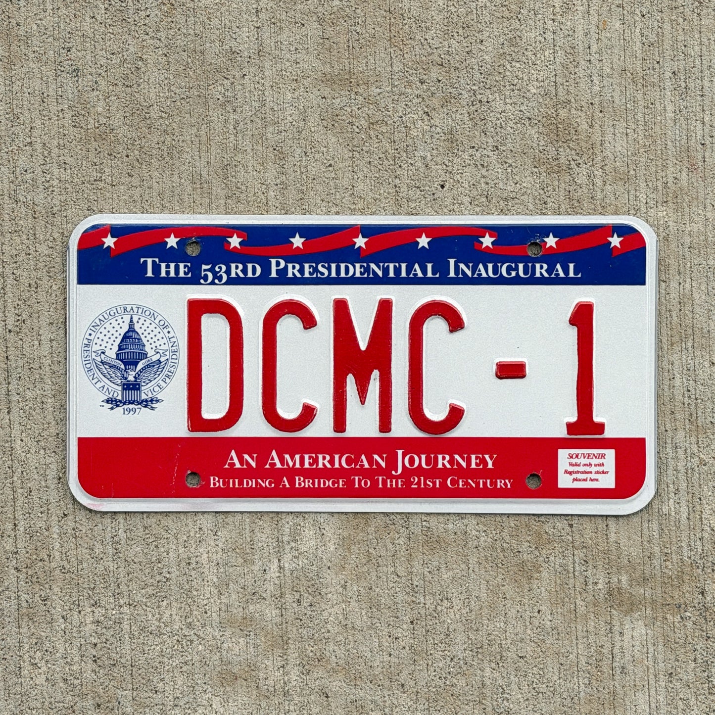 Photo of a 1997 Washington DC Inaugural Vanity License Plate Auto Tag 1 Vintage Garage Clinton Inauguration Politics Political DCMC 1 with original patina