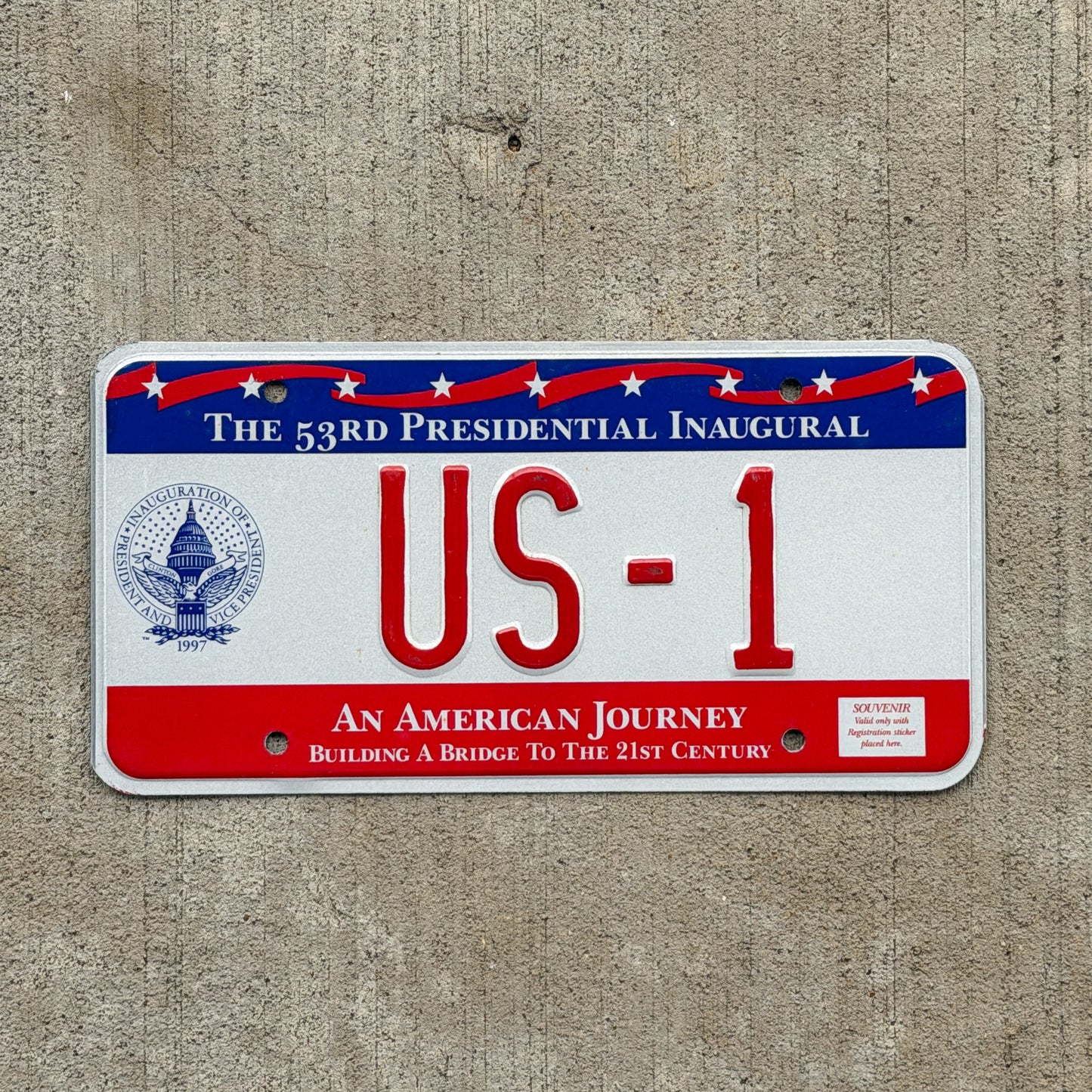 Photo of a 1997 Washington DC Inaugural Vanity License Plate Auto Tag 2 Vintage Garage Clinton Inauguration Politics Political US 1 with original patina
