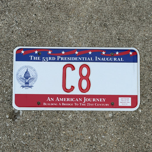 Photo of a 1997 Washington DC Inaugural Vanity License Plate Auto Tag Garage Decor Vintage Clinton Inauguration Politics Political C8 with original patina