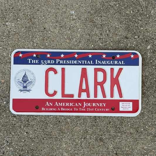 Photo of a 1997 Washington DC Inaugural Vanity License Plate Auto Tag Garage Decor Vintage Clinton Inauguration Politics Political CLARK with original patina