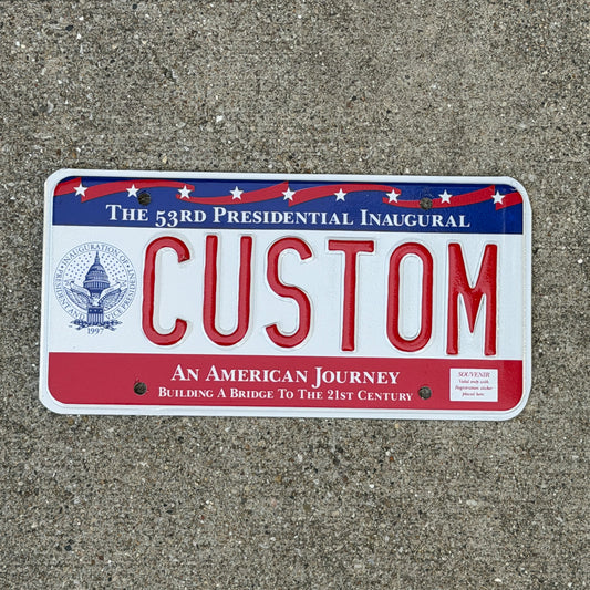 Photo of a 1997 Washington DC Inaugural Vanity License Plate Auto Tag Garage Decor Vintage Clinton Inauguration Politics Political CUSTOM with original patina