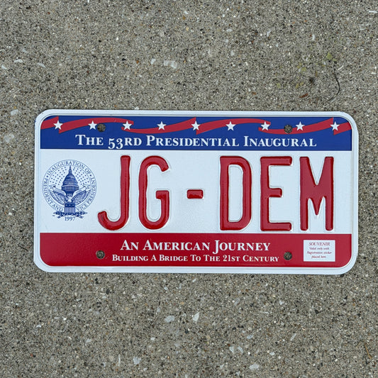 Photo of a 1997 Washington DC Inaugural Vanity License Plate Auto Tag Garage Decor Vintage Clinton Inauguration Politics Political JG DEM with original patina