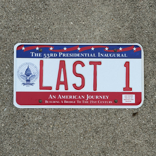 Photo of a 1997 Washington DC Inaugural Vanity License Plate Auto Tag Garage Decor Vintage Clinton Inauguration Politics Political LAST 1 with original patina