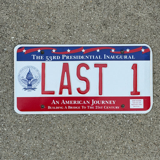 Photo of a 1997 Washington DC Inaugural Vanity License Plate Auto Tag Garage Decor Vintage Clinton Inauguration Politics Political LAST 1 with original patina