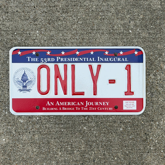 Photo of a 1997 Washington DC Inaugural Vanity License Plate Auto Tag Garage Decor Vintage Clinton Inauguration Politics Political ONLY 1 with original patina
