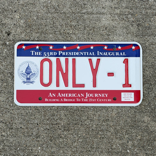 Photo of a 1997 Washington DC Inaugural Vanity License Plate Auto Tag Garage Decor Vintage Clinton Inauguration Politics Political ONLY 1 with original patina