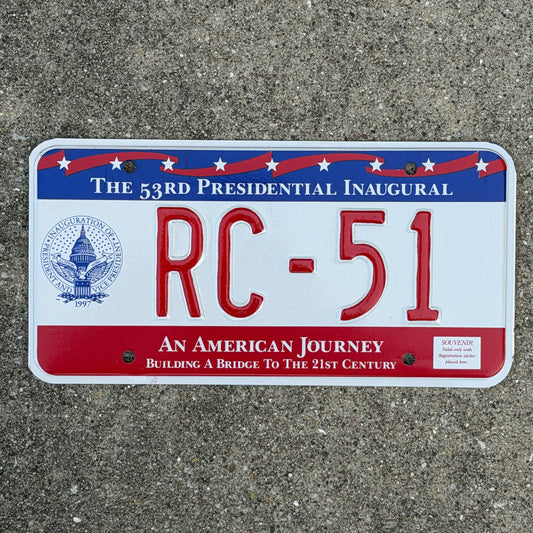 Photo of a 1997 Washington DC Inaugural Vanity License Plate Auto Tag Garage Decor Vintage Clinton Inauguration Politics Political RC 51 with original patina