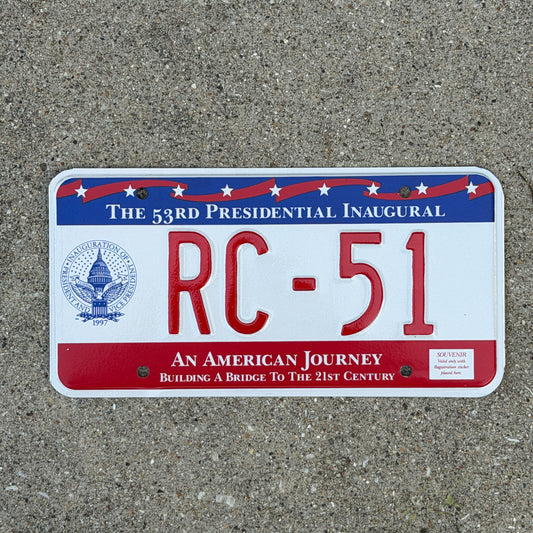 Photo of a 1997 Washington DC Inaugural Vanity License Plate Auto Tag Garage Decor Vintage Clinton Inauguration Politics Political RC 51 with original patina