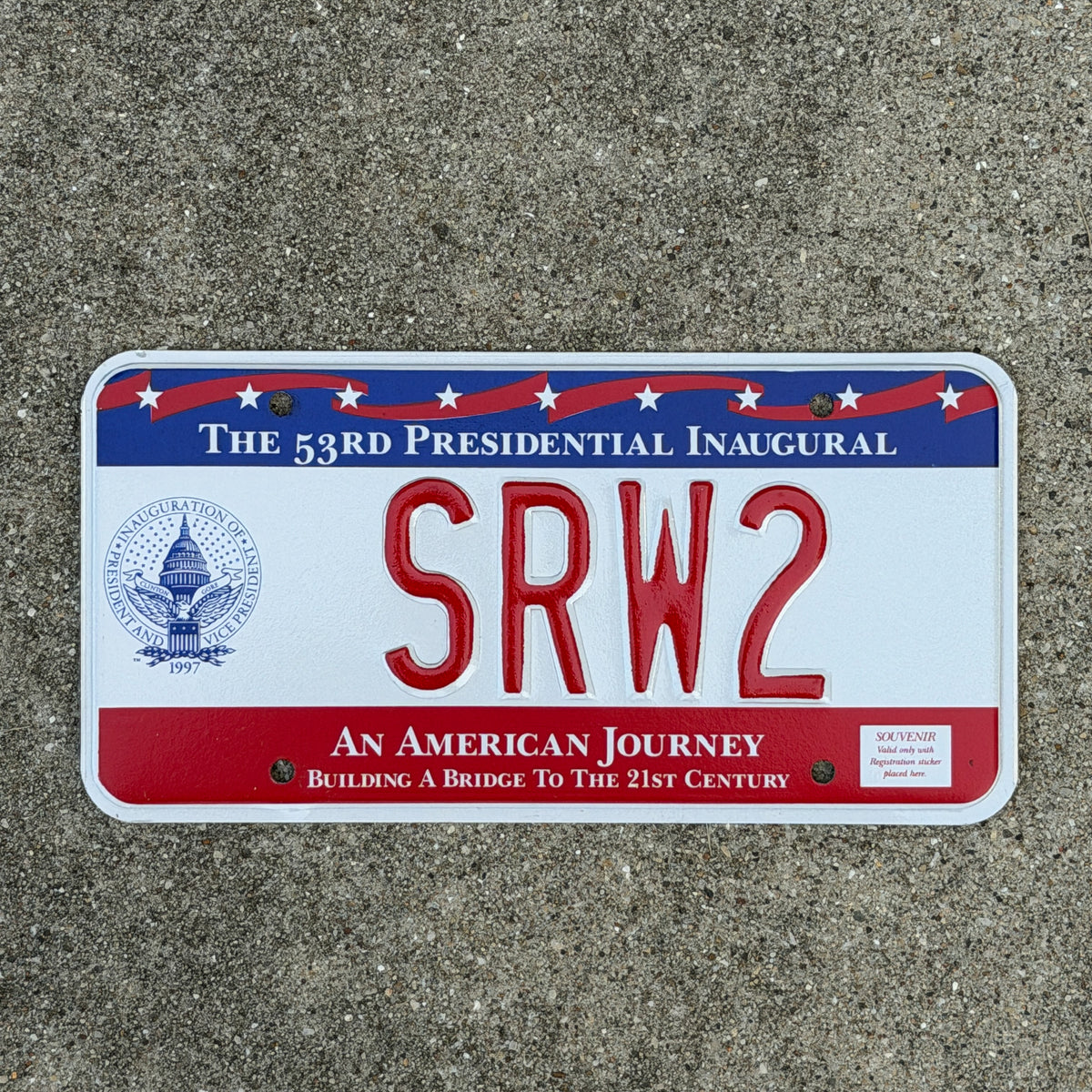 Photo of a 1997 Washington DC Inaugural Vanity License Plate Auto Tag Garage Decor Vintage Clinton Inauguration Politics Political SRW 2 with original patina