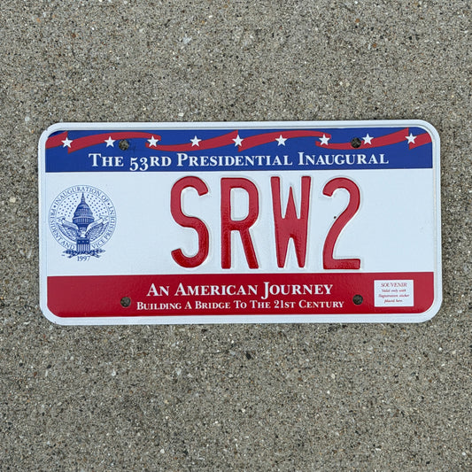 Photo of a 1997 Washington DC Inaugural Vanity License Plate Auto Tag Garage Decor Vintage Clinton Inauguration Politics Political SRW 2 with original patina