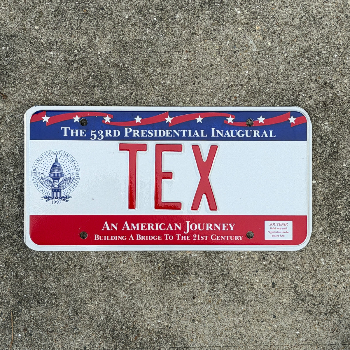 Photo of a 1997 Washington DC Inaugural Vanity License Plate Auto Tag Garage Decor Vintage Clinton Inauguration Politics Political TEX with original patina