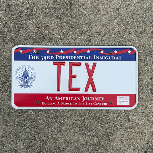 Photo of a 1997 Washington DC Inaugural Vanity License Plate Auto Tag Garage Decor Vintage Clinton Inauguration Politics Political TEX with original patina