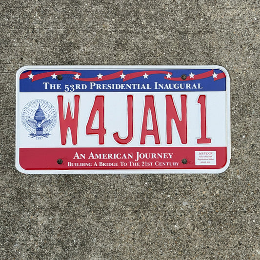 Photo of a 1997 Washington DC Inaugural Vanity License Plate Auto Tag Garage Decor Vintage Clinton Inauguration Politics Political W4 JAN 1 with original patina