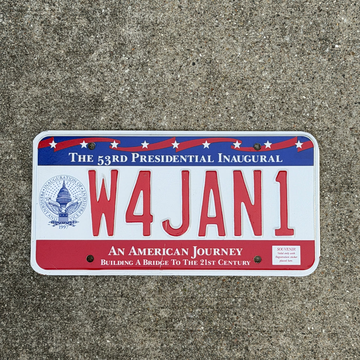 Photo of a 1997 Washington DC Inaugural Vanity License Plate Auto Tag Garage Decor Vintage Clinton Inauguration Politics Political W4 JAN 1 with original patina