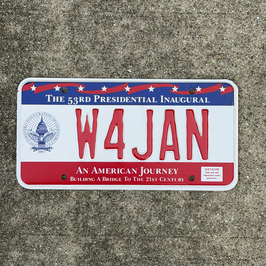 Photo of a 1997 Washington DC Inaugural Vanity License Plate Auto Tag Garage Decor Vintage Clinton Inauguration Politics Political W4 JAN with original patina