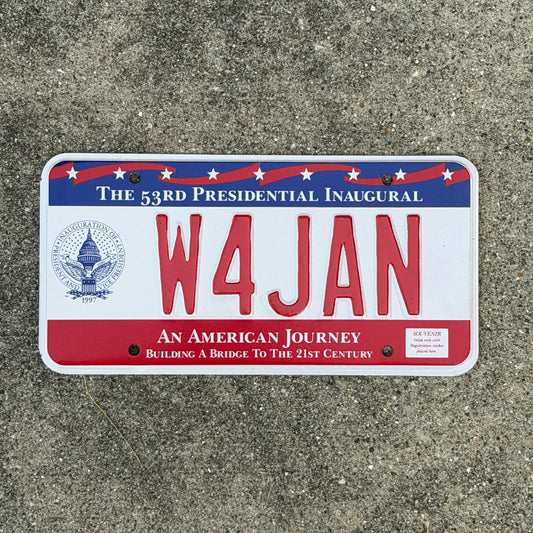 Photo of a 1997 Washington DC Inaugural Vanity License Plate Auto Tag Garage Decor Vintage Clinton Inauguration Politics Political W4 JAN with original patina