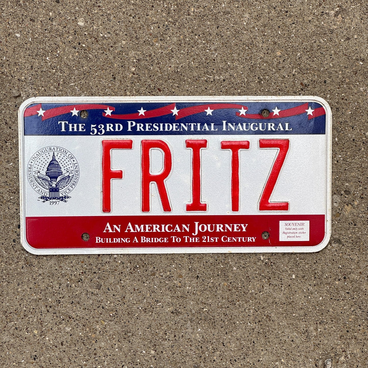 Photo of a 1997 Washington DC VANITY License Plate Auto Tag Garage Decor Vintage Clinton Inaugural Inauguration FRITZ